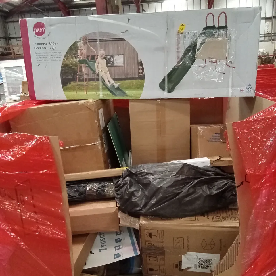 PALLET OF ASSORTED HOUSEHOLD GOODS AND PRODUCTS TO INCLUDE; SLIDE, MONITOR PROTECTORS, BOXED FURNITURE ETC