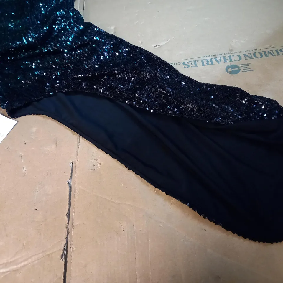 VESPER GREEN/BLACK SEQUIN DRESS WITH SLIT - SIZE 10