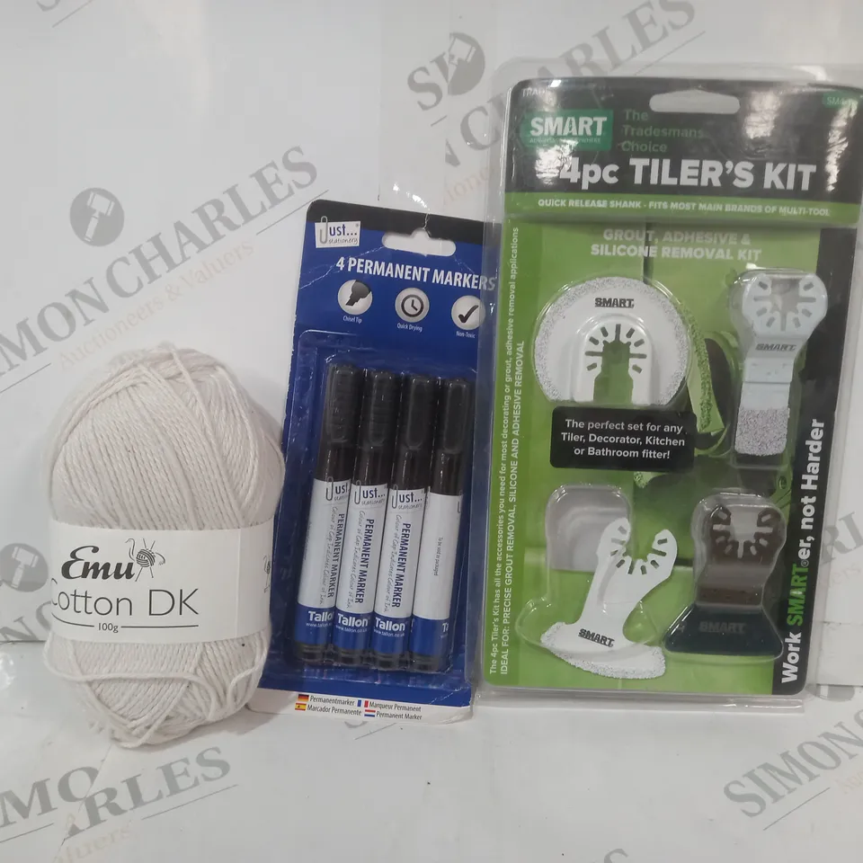 APPROXIMATELY 20 ASSORTED HOUSEHOLD ITEMS TO INCLUDE 4 PIECE TILER'S KIT, PERMANENT MARKERS, KNITTING YARN, ETC