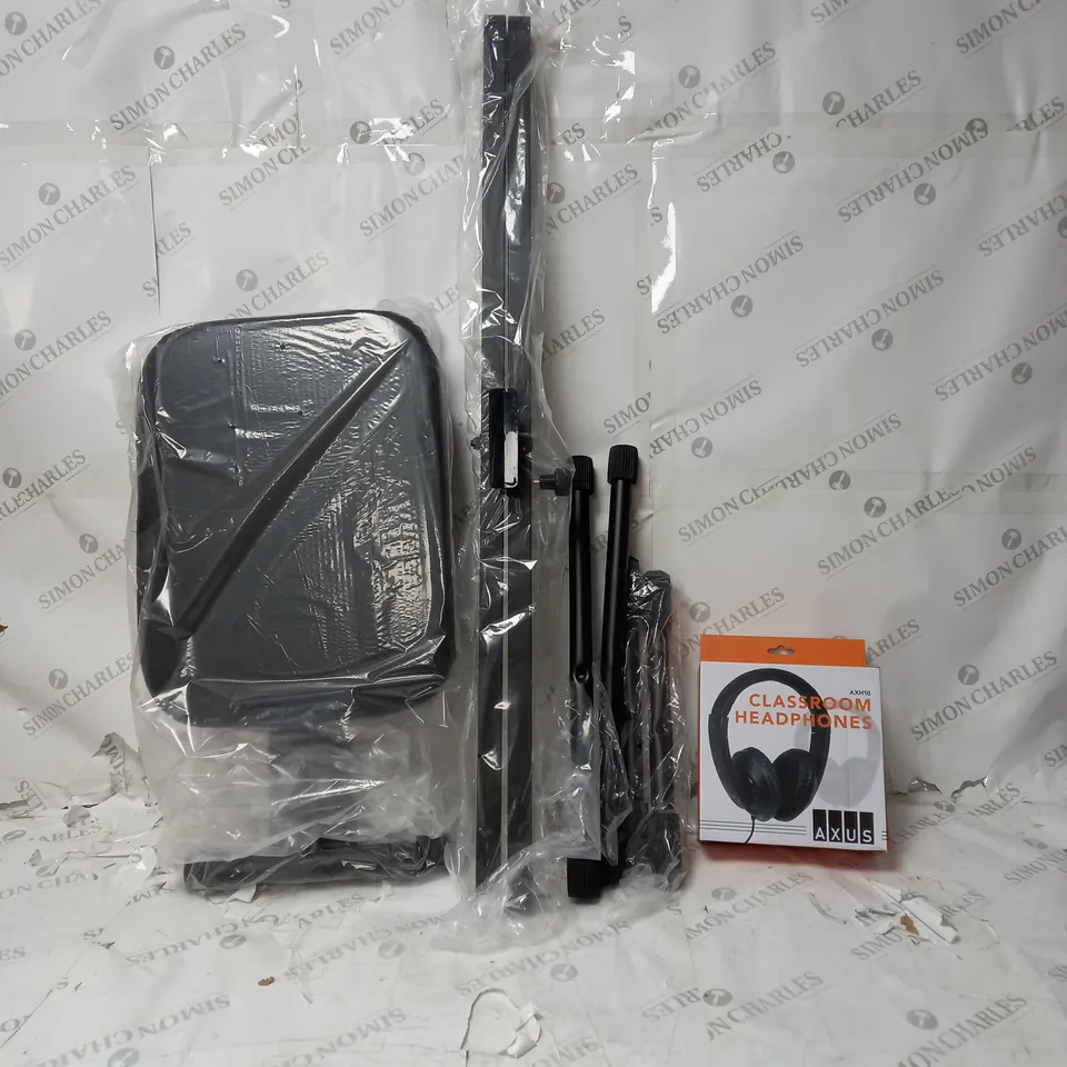 LOT OF KEYBOARD ACCESSORIES TO INCLUDE STAND, STOOL AND HEADPHONES