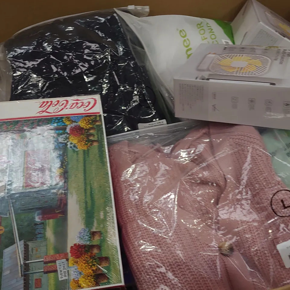 PALLET OF ASSORTED ITEMS TO INCLUDE COCA COLA JIGSAW, DESK FANS AND CARDIGANS