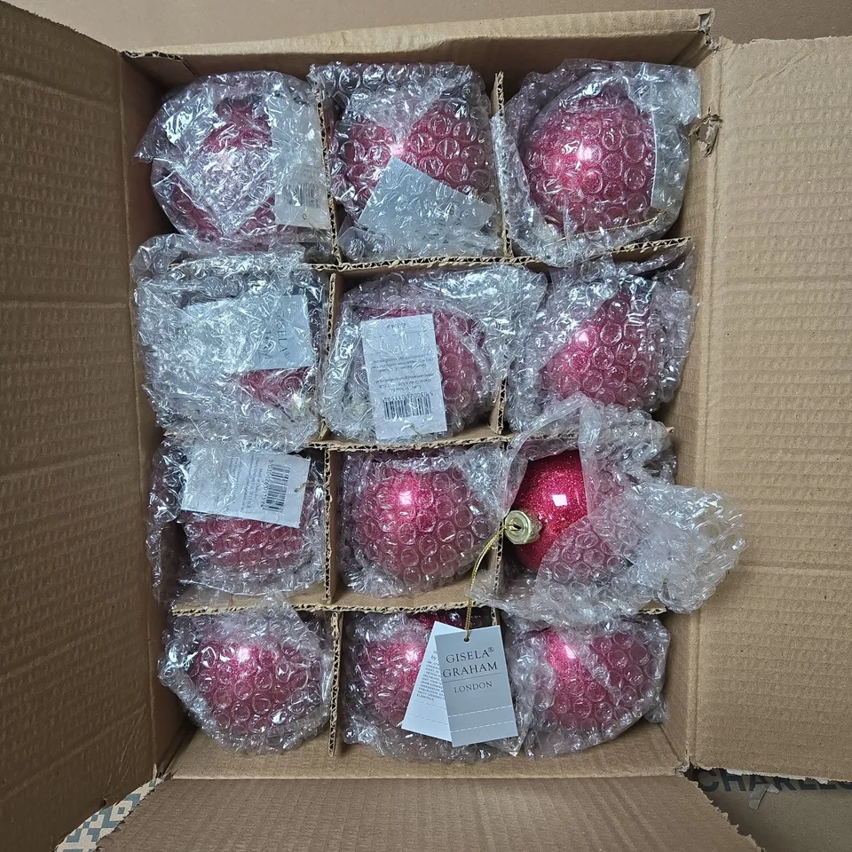 SET OF 12 GISELA GRAHAM LONDON PINK/RED CHRISTMAS BAUBLES BOXED