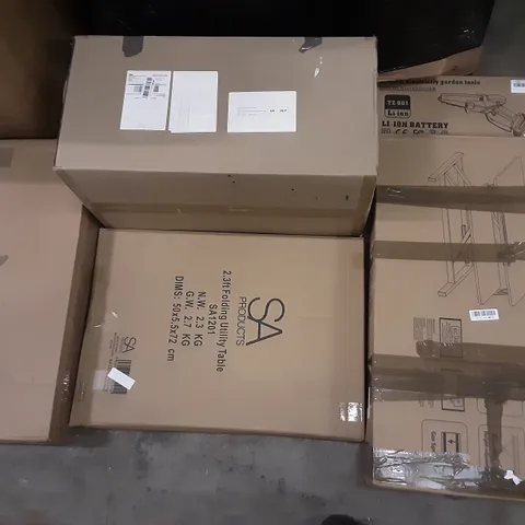 PALLET OF ASSORTED PRODUCTS INCLUDING SA PRODUCTS FOLDING UTILITY TABLE, ERGOMAKER SIT STAND DESKTOP WORKSTATION, LITHIUM ELECTRICITY GARDE TOOLS MINI CHAINSAW, COMHOME, SHUMAN WOODEN RETRO STEREO