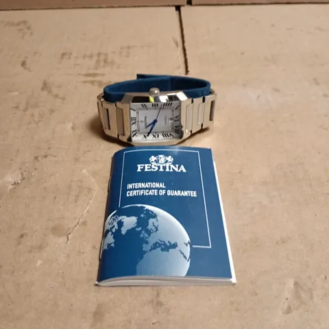 FESTINA WRISTWATCH WITH SILVER STAINLESS STEEL BRACELET AND BLUE STRAP – BOXED