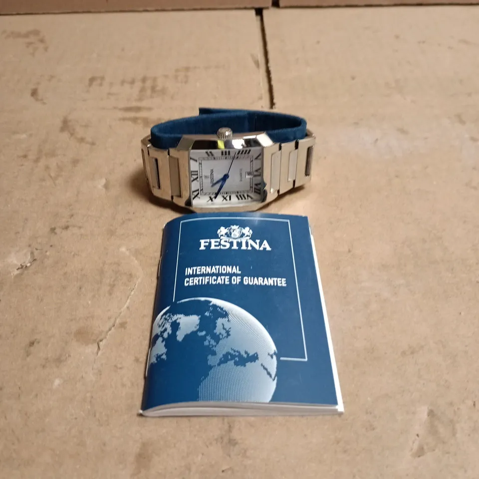 FESTINA WRISTWATCH WITH SILVER STAINLESS STEEL BRACELET AND BLUE STRAP – BOXED