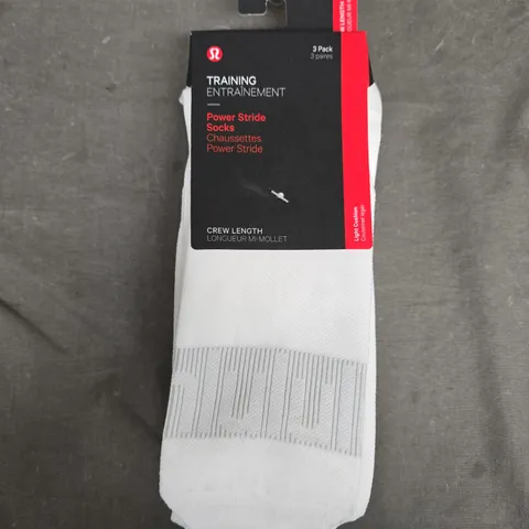 LULULEMON PACK OF 3 TRAINING POWER STRIDE SOCKS IN WHITE (CREW LENGTH) - LARGE