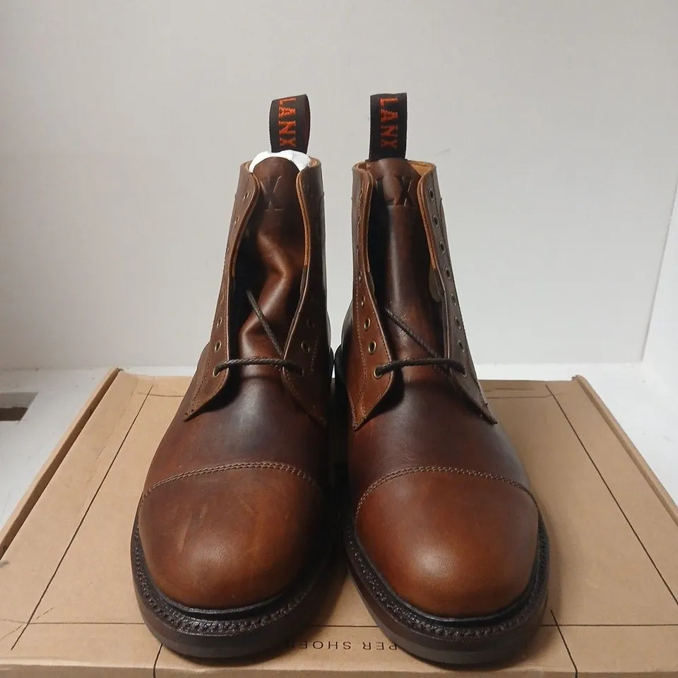 BOXED PAIR OF LANX BROWN LEATHER BOOTS - 10.5