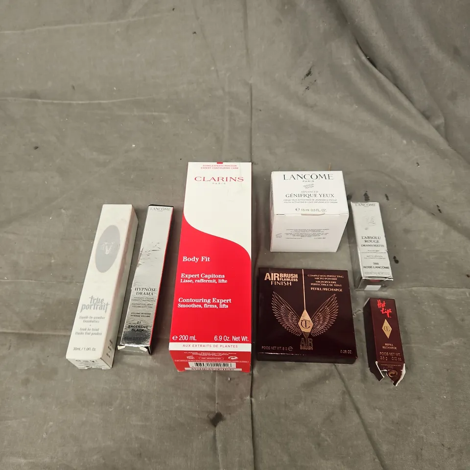LOT OF 7 ASSORTED COSMETIC PRODUCTS TO INCLUDE - CLAIRINS BODY FIT CONTOURING EXPERT - KVD TRUE PORTRAIT LIQUID TO POWDER FOUNDATION - CHARLOTTE TILBURY AIRBRUSH FLAWLESS COMPLEXION PERFECTING MICRO P