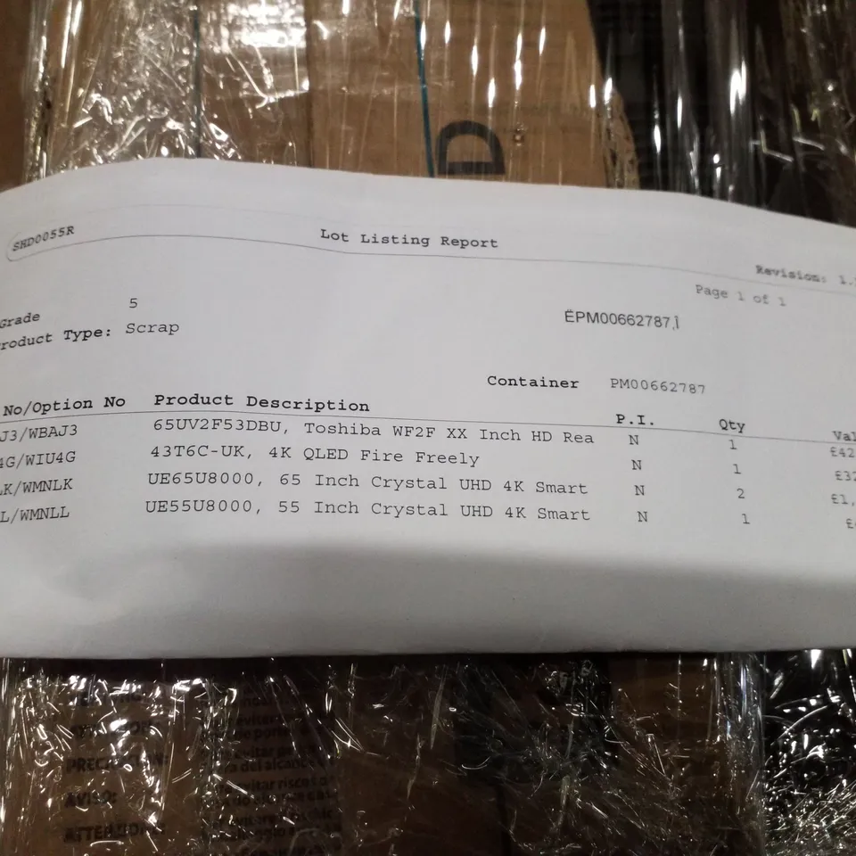 PALLET OF 5 ASSORTED DAMAGED TVS INCLUDING