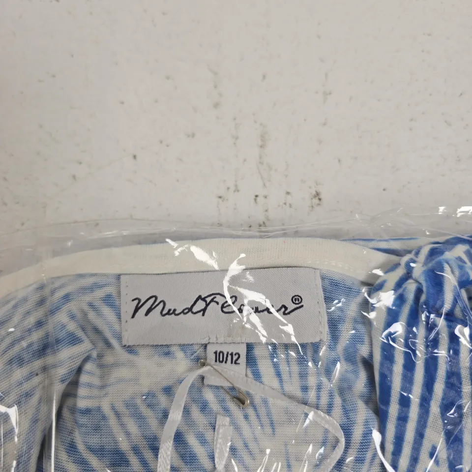 UK 10/12 MUDFLOWERS BLUE & WHITE LEAF PRINT WOMEN'S TOP