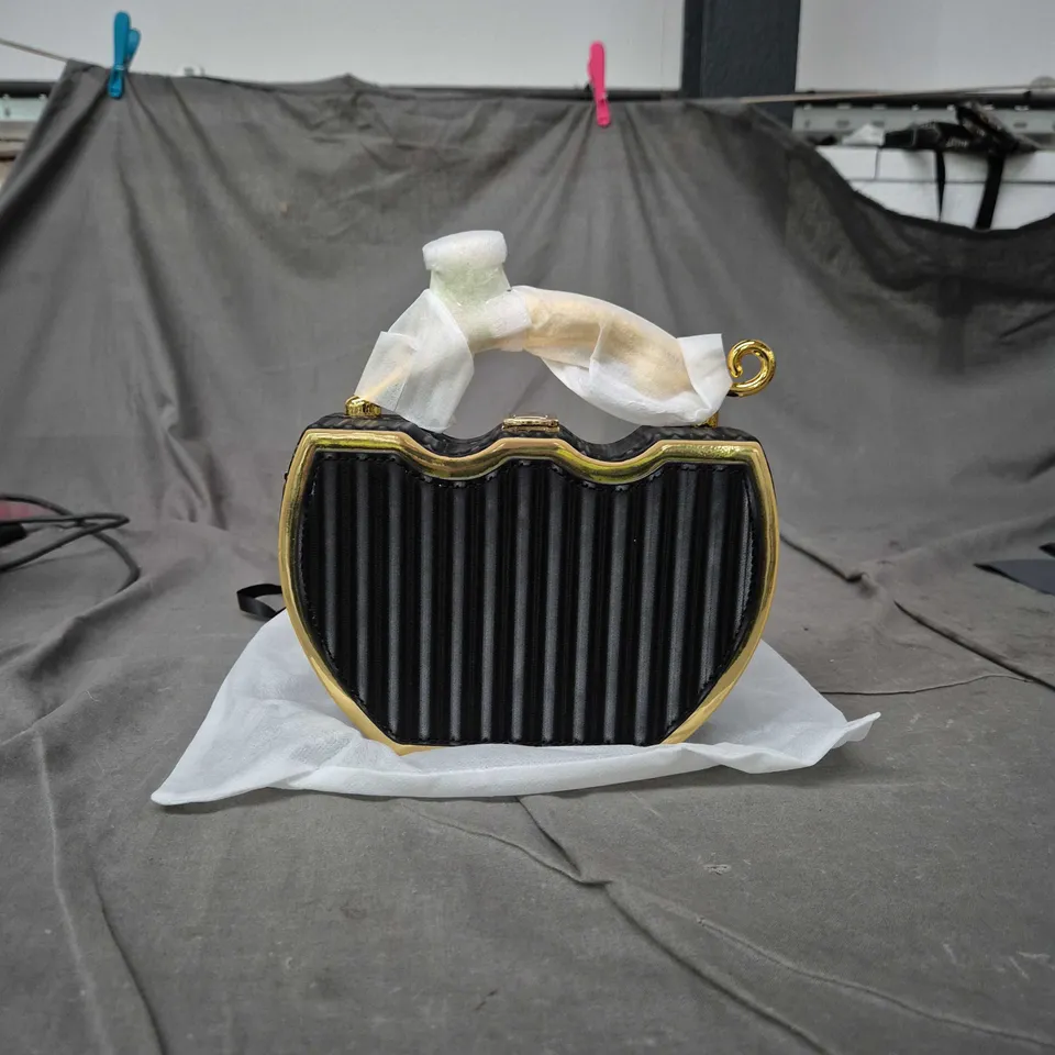 BOND & MASON HEART-SHAPED CLUTCH BAG - BLACK PLEATED FRONT WITH GOLD-TONE FRAME