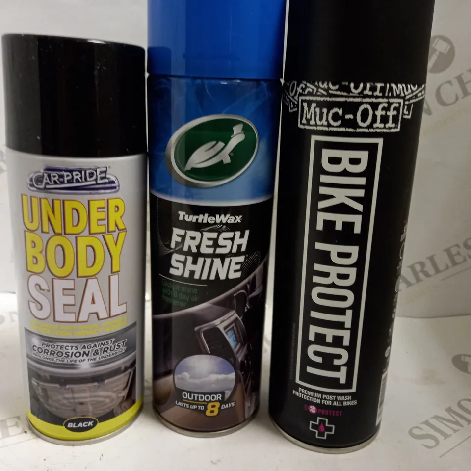 BOX OF APPROX 10 ASSORTED AEROSOLS INCLUDING CARPRIDE UNDER BODY SEAL, MUC-OFF BIKE PROTECT AND TURTLE WAX FRESH SHINE - COLLECTION ONLY