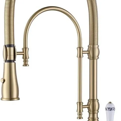 BOXED KUNMAI SINGLE HANDLE HIGH ARC KITCHEN SINK FAUCETS BRUSHED GOLD DUAL-MODE PULL-DOWN KITCHEN FAUCET SOLID BRASS PORCELAIN HANDLE