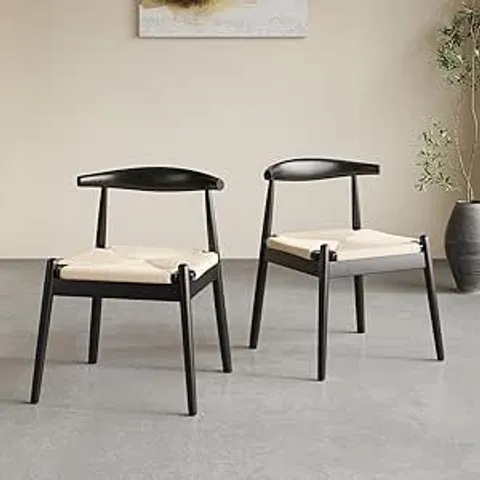 BOXED FARINI WEAVE DINING CHAIRS SET OF 2, MID-CENTURY MODERN KITCHEN CHAIR WITH SOLID OAK FRAME & HANDWOVEN SEAT FOR LIVING DINING ROOM, BLACK, BEIGE