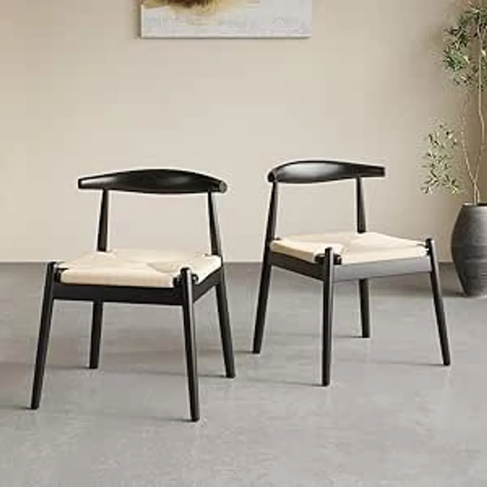 BOXED FARINI WEAVE DINING CHAIRS SET OF 2, MID-CENTURY MODERN KITCHEN CHAIR WITH SOLID OAK FRAME & HANDWOVEN SEAT FOR LIVING DINING ROOM, BLACK, BEIGE