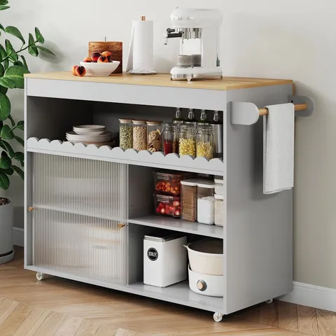 BOXED KITCHEN ISLAND WITH 3 SHELVES AND SLIDING DOORS [2 BOXES]