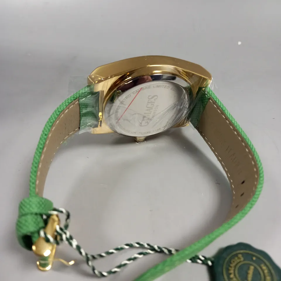 BOXED GAMAGES RETRO CALIBRE GOLD/GREEN WATCH