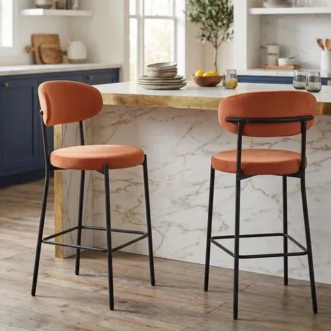 BOXED SET OF 2 CHARLOTTE KITCHEN COUNTER STOOLS WITH CURVED BACK AND FOOTREST,BLACK METAL LEGS-BURNT ORANGE VELVET,BST22OR