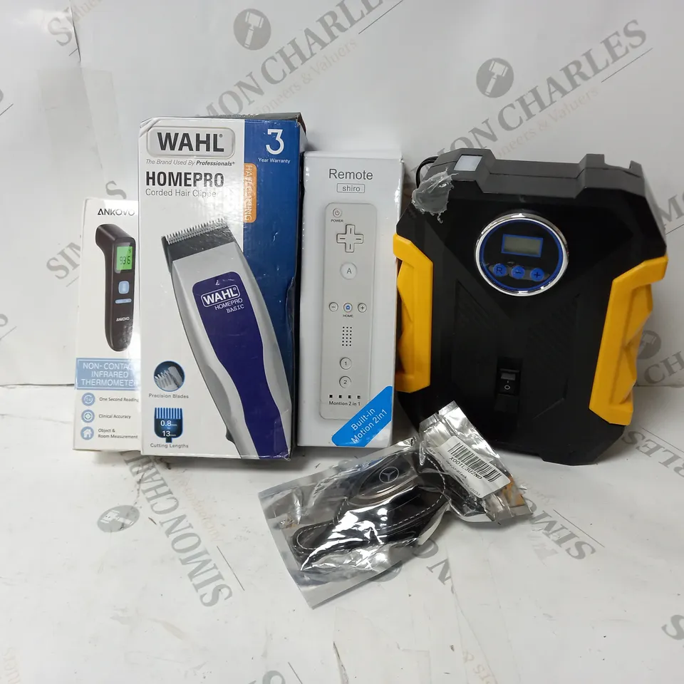 5 ITEMS TO INCLUDE WAHL HOMEPRO CORDED HAIR CLIPPER, SHIRO WII REMOTE CONTROLLER PLUS, INFRARED THERMOMETER, SUNGLASSES HOLDER CLIP FOR CAR VISOR 