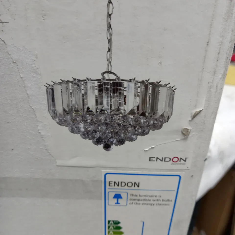 BOXED ENDON 3-LIGHT CRYSTAL CEILING CHANDELIER IN CHROME 