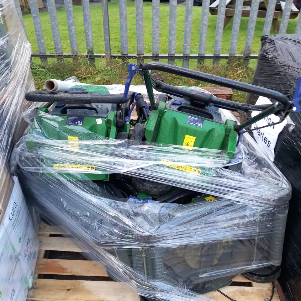 PALLET OF ASSORTED GARDEN POWER TOOLS TO INCLUDE; POWERBASE LAWN MOWER 