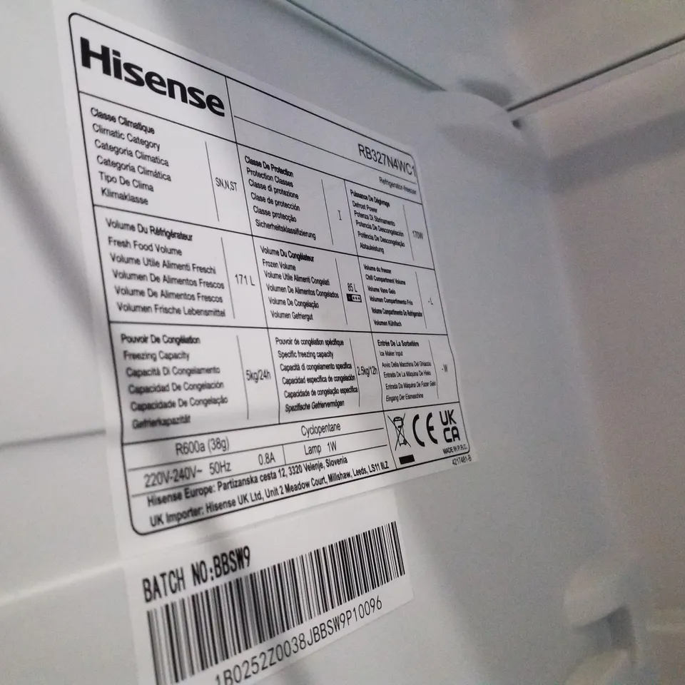 HISENSE RB327N4WC1 55CM FREESTANDING 5050 FRIDGE - UNPROCESSED RAW RETURN