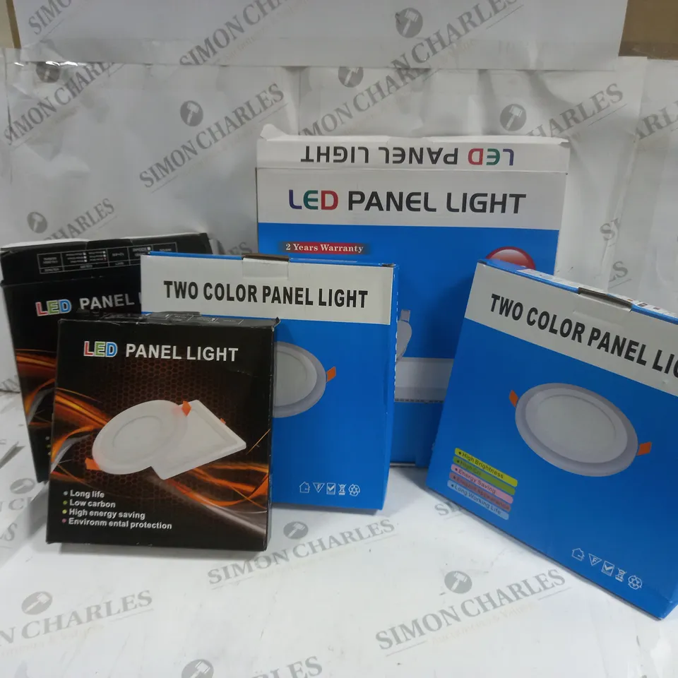 APPROXIMATELY 8 LIGHTING ITEMS TO INCLUDE LED PANEL LIGHT, TWO COLOUR LED PANEL LIGHT, HOLOGRAM LED FAN, ETC