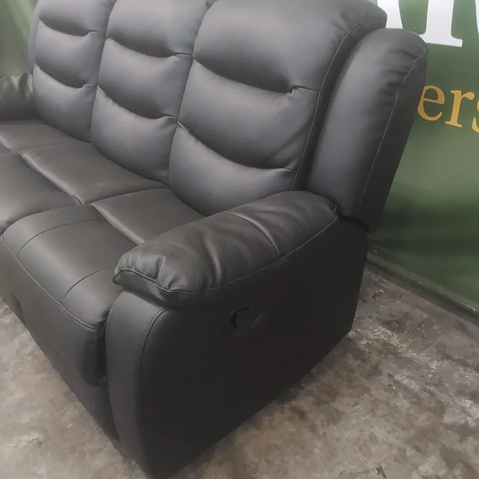 DESIGNER 3 SEATER MANUAL RECLINER SOFA - BLACK FAUX LEATHER