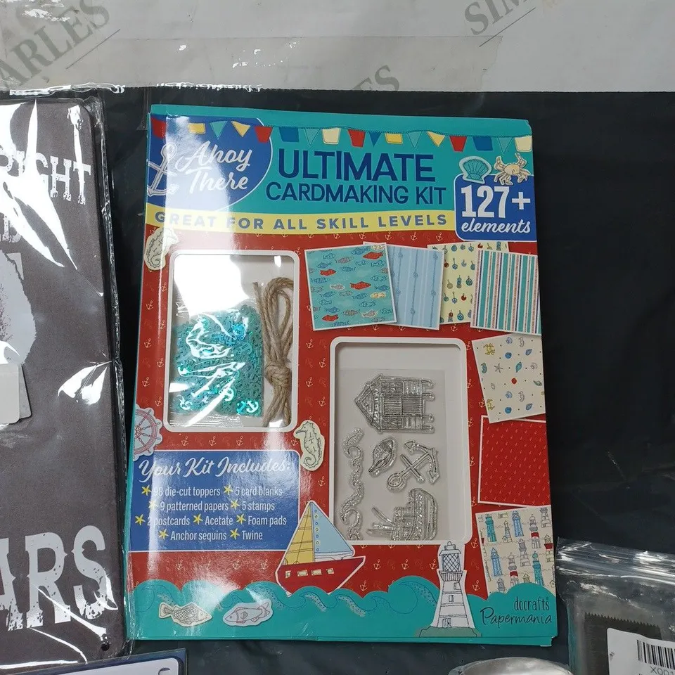 LOT CONTAINING VARIOUS HOUSEHOLD ITEMS TO INCLUDE; ULTIMATE CARD MAKING KIT, LED CHARGING LAMP, BIRTHDAY AND FOOTBALL SIGNS ETC.