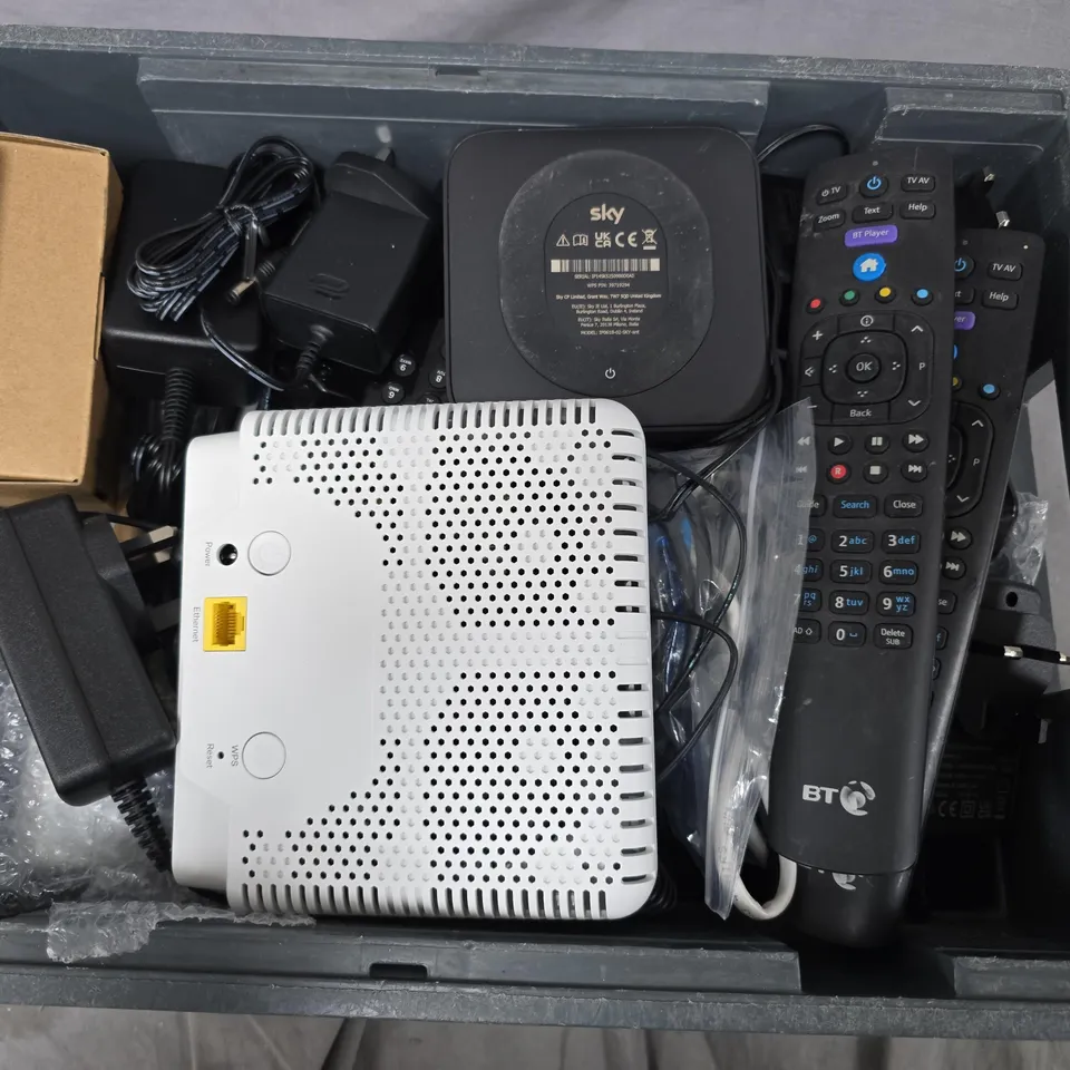 APPROXIMATELY 12 ASSORTED HOUSEHOLD ITEMS TO INCLUDE TV REMOTES, ROUTERS, CABLES, ETC