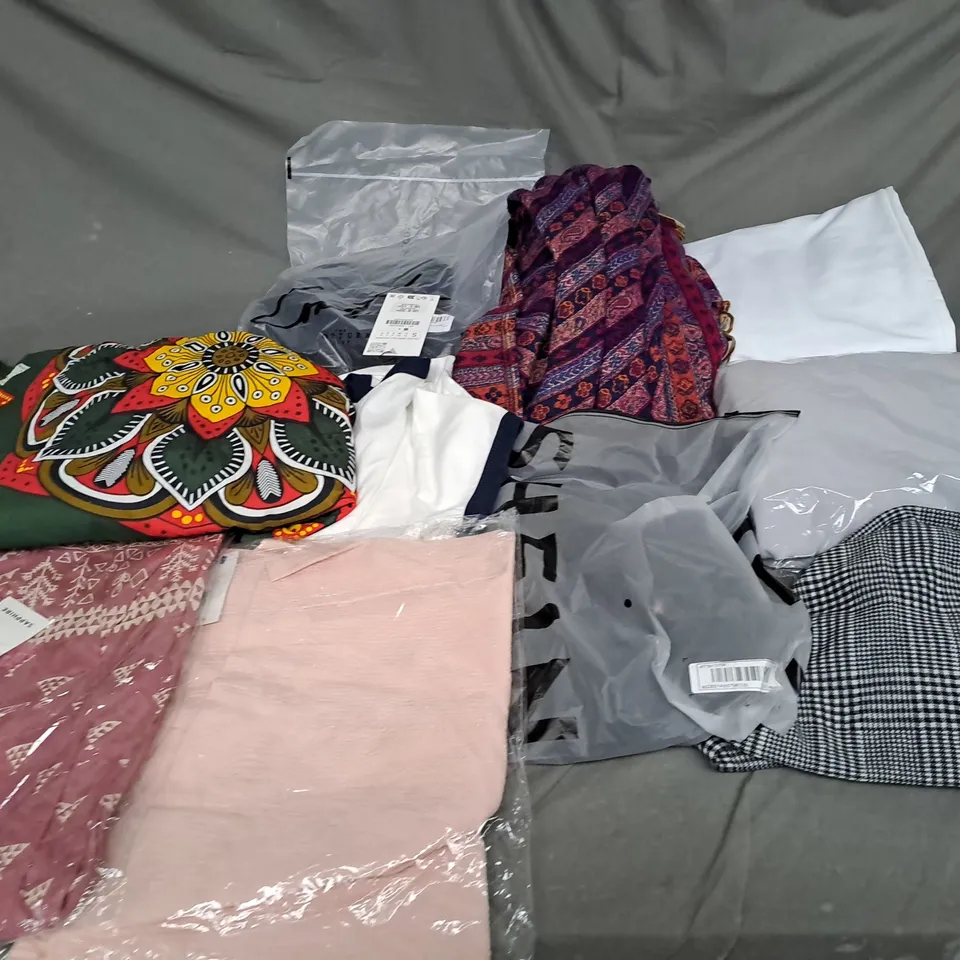 BOX OF ASSORTED CLOTHING ITEMS IN VARIOUS COLOURS, SIZES AND STYLES