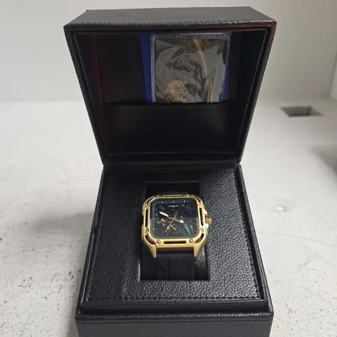 WILLIAM HUNT LONDON WATCH - GOLD-TONE SQUARE CASE, BLACK STRAP (IN BOX)