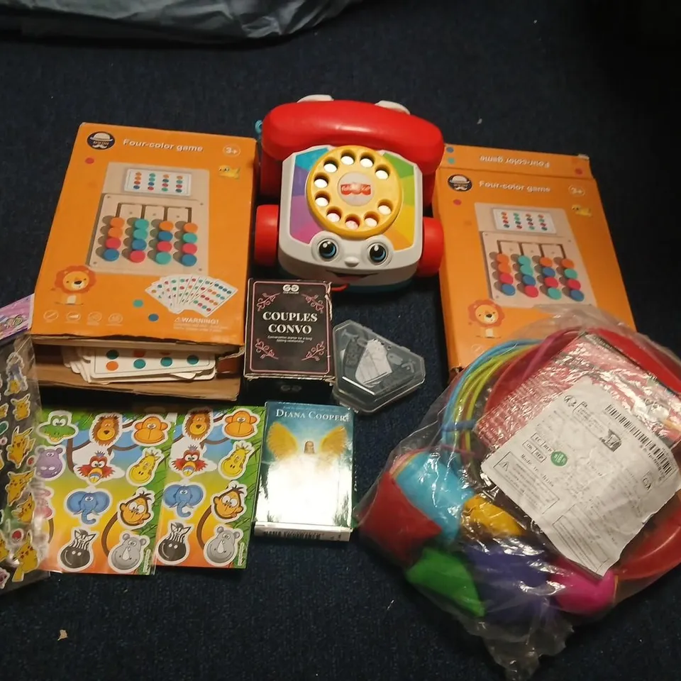 LARGE QUANTITY OF ASSORTED TOYS AND ACCESSORIES TO INCLUDE; UNO, FISHER PRICE PHONE, FOUR COLOUR GAME AND STICKERS