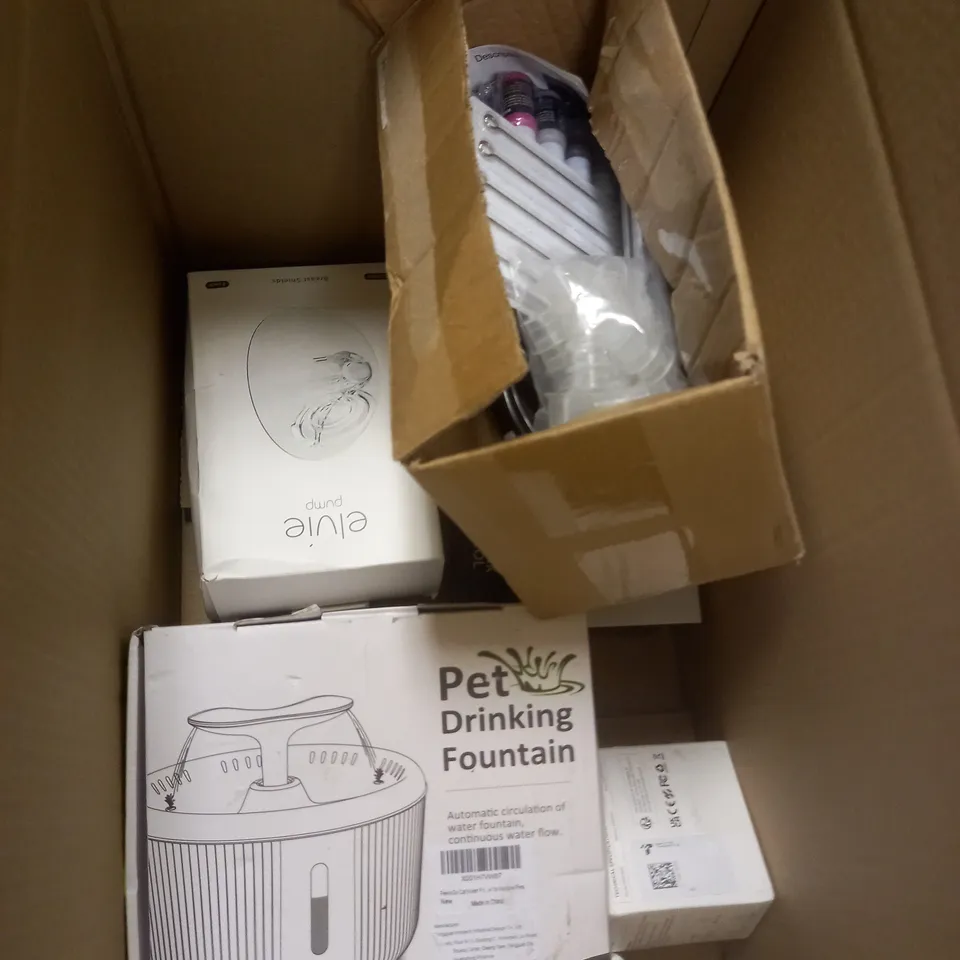 BOX OF APPROXIMATELY 5 ASSORTED ITEMS TO INCLUDE PET DRINKING FOUNTAIN, BARK CONTROL DEVICE, WHITE NOISE MACHINE