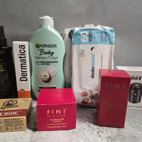 APPROX 12 ASSORTED BEAUTY PRODUCTS TO INCLUDE ORIBE THICKENING SPRAY, GARNIER BODY LOTION, FINI POMADE, ETC 
