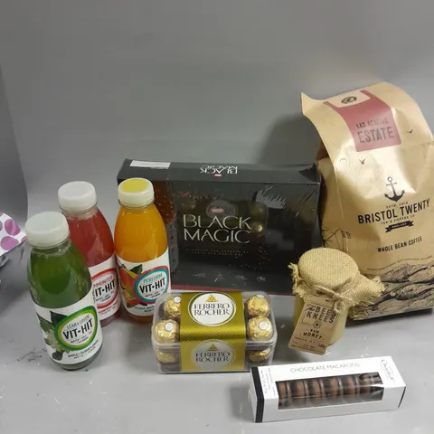 APPROXIMATELY 15 ASSORTED FOOD & DRINK PRODUCTS TO INCLUDE BRISTOL TWENTY COFFEE, VIT.HIT DRINKS, CHOCOLATE MACARONS ETC