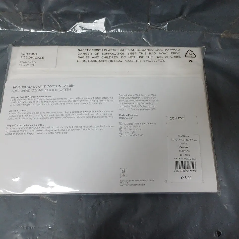 THE WHITE COMPANY 600 THREAD COUNT COTTON SATEEN PILLOW CASE WHITE