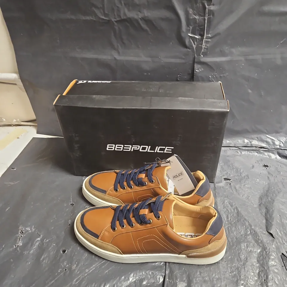 POLICE MILANO LEATHER SNEAKERS – BROWN WITH NAVY LACES, BOXED UK SIZE 7