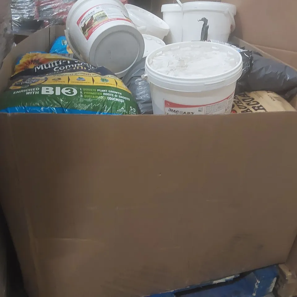 PALLET CONTAINING A LARGE QUANTITY OF ASSORTED ITEMS INCLUDING: RESTAURANT CHARCOAL, COMPOST, NATURAL POULTRY PROTECTOR ECT