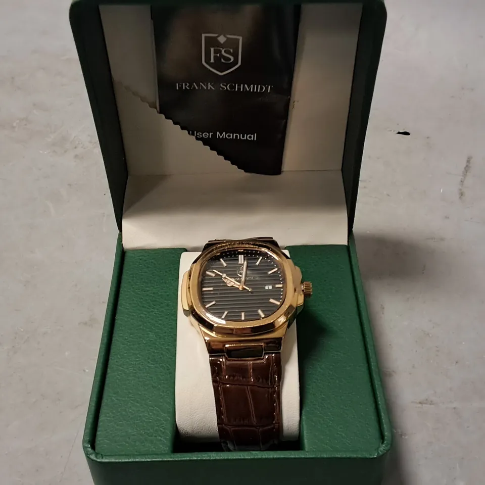 FRANK SCHMIDT STAINLESS STEEL BLACK FACED GENTS WATCH WITH BROWN LEATHER STRAP 