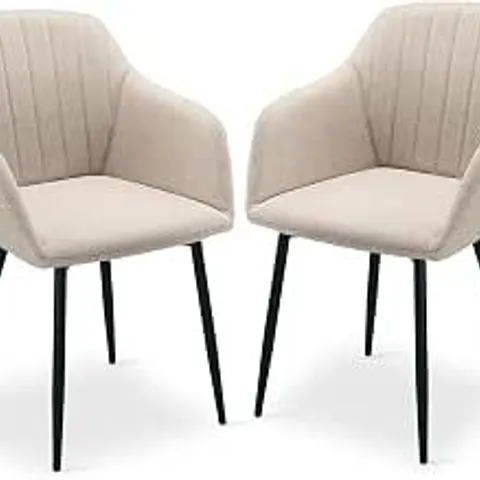 BOXED PAIR OF MODERN DINING CHAIRS WITH ARMRESTS SET OF 2 UPHOLSTERED CHAIRS FOR DINING ROOM, KITCHEN, LIVING ROOM, ERGONOMIC WITH CONTOURED BACKREST AND METAL LEGS BEIGE