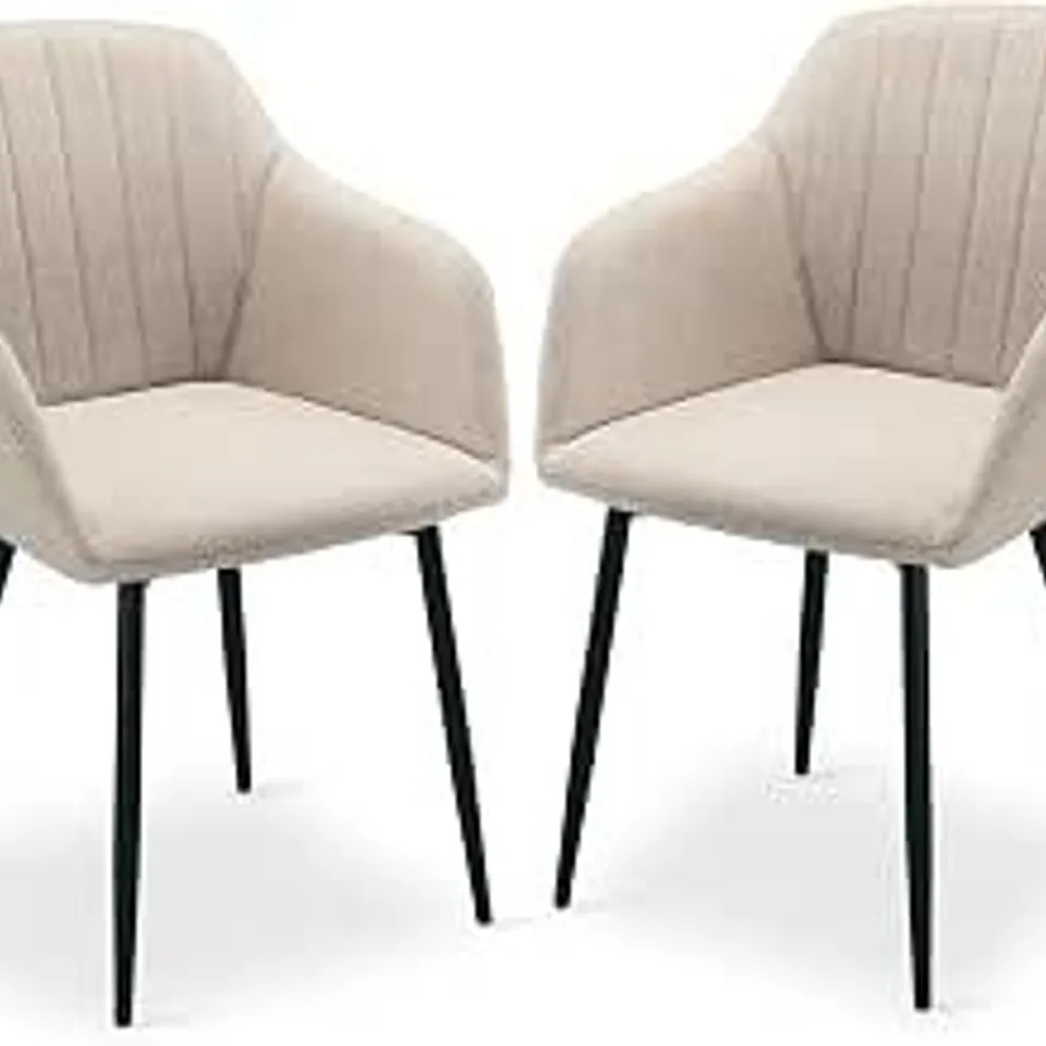 BOXED PAIR OF MODERN DINING CHAIRS WITH ARMRESTS SET OF 2 UPHOLSTERED CHAIRS FOR DINING ROOM, KITCHEN, LIVING ROOM, ERGONOMIC WITH CONTOURED BACKREST AND METAL LEGS BEIGE