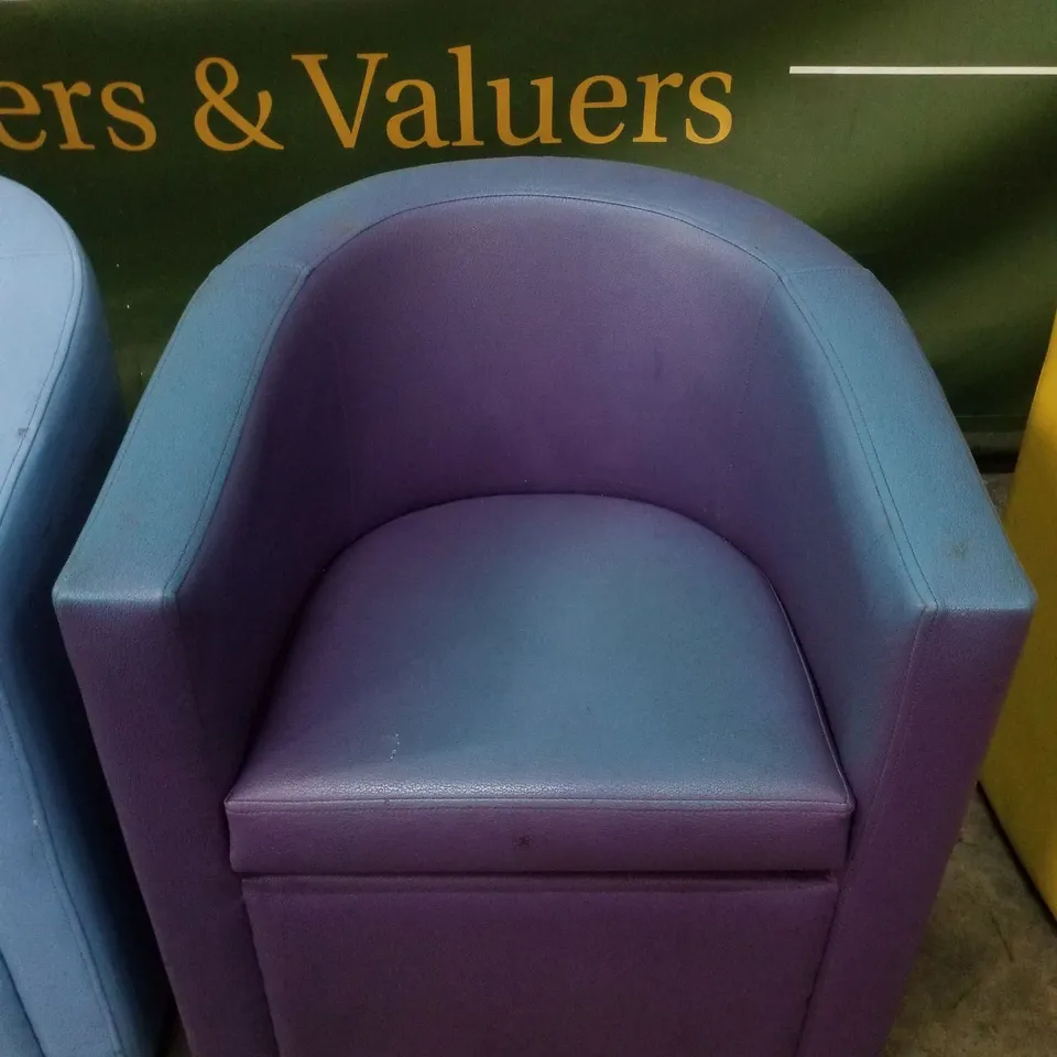 SET OF 4 BISTRO/CAFÉ LEATHER LOUNGE BUCKET CHAIRS - YELLOW, PINK, PURPLE & BLUE
