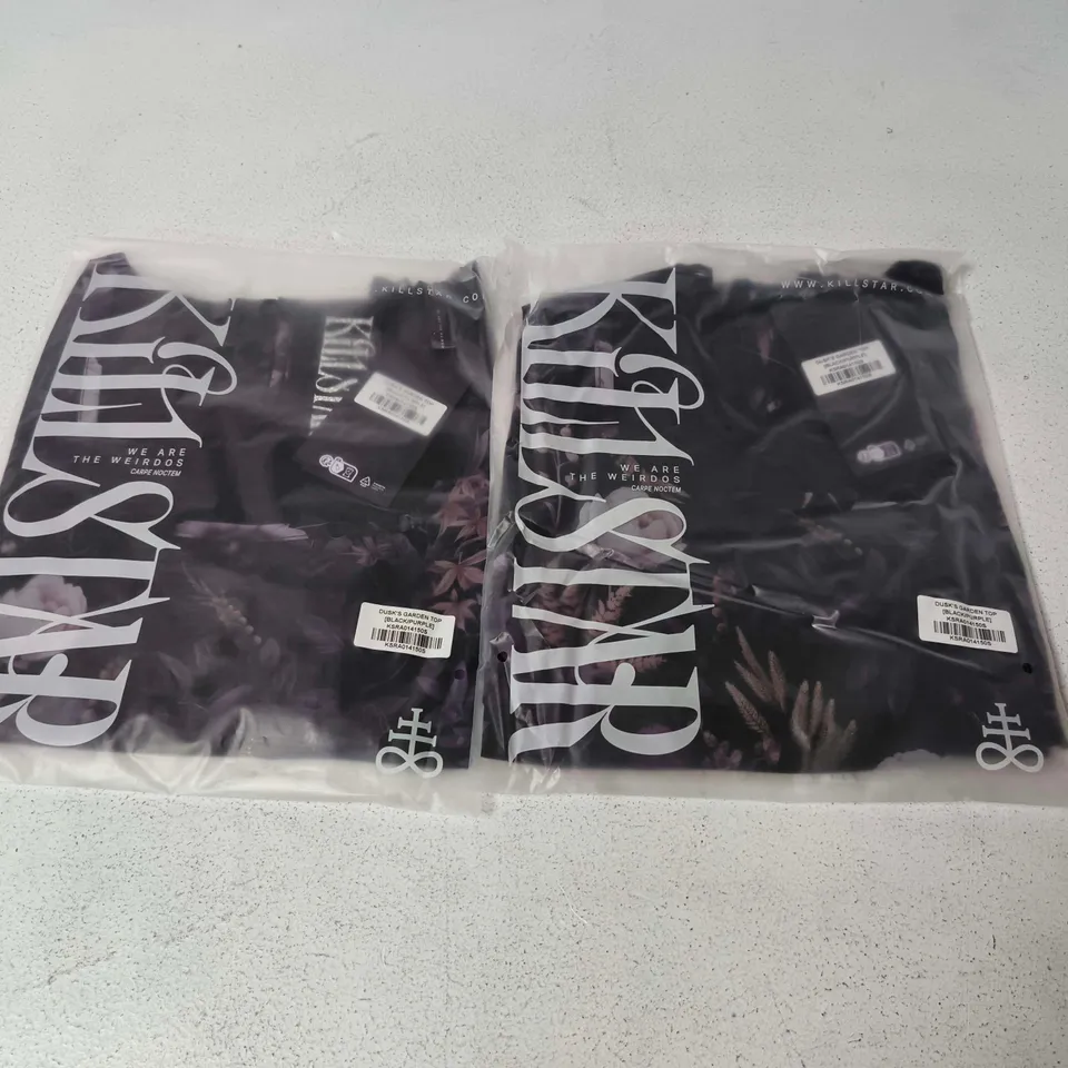 LOT OF APPROXIMATELY 50 BRAND NEW KILLSTAR DUSK GARDEN TOPS IN BLACK & PURPLE - VARIOUS SIZES