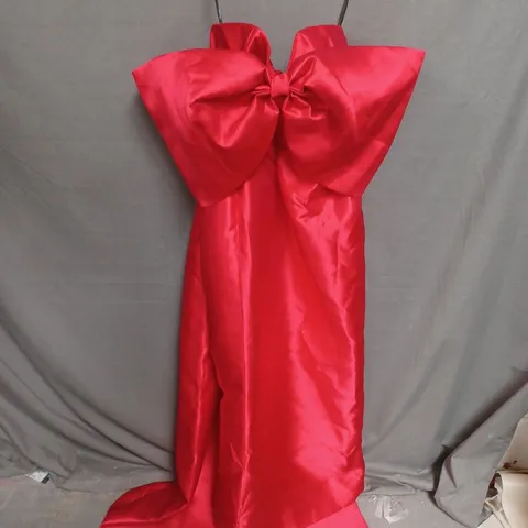 CLUB LONDON RED SATIN CAPE MAXI DRESS WITH OVERSIZED BOW – UK 16