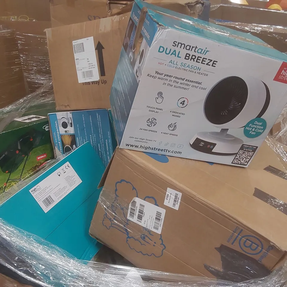 PALLET CONTAINING A VERY LARGE QUANTITY OF ASSORTED CONSUMER PRODUCTS INCLUDING: HEATED CLOTHES AIRER, SMART AIR ALL SEASON FAN, BOSCH LAWNMOWER ECT