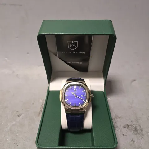 FRANK SCHMIDT WATCH – TEXTURED DIAL WITH DATE – LEATHER STRAP- MODEL: FSL AMBASSADOR – 3ATM WATER RESISTANT – GIFT BOX