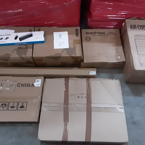 PALLET OF ASSORTED PRODUCTS TO INCLUDE ACCSTORE DRYING RACK, DUNK PRO BACKBOARD, PRIVACY FILTER, TITAN RF FARADAY FABRIC, SHOOTING ARCHERY SET, AIR COOLER