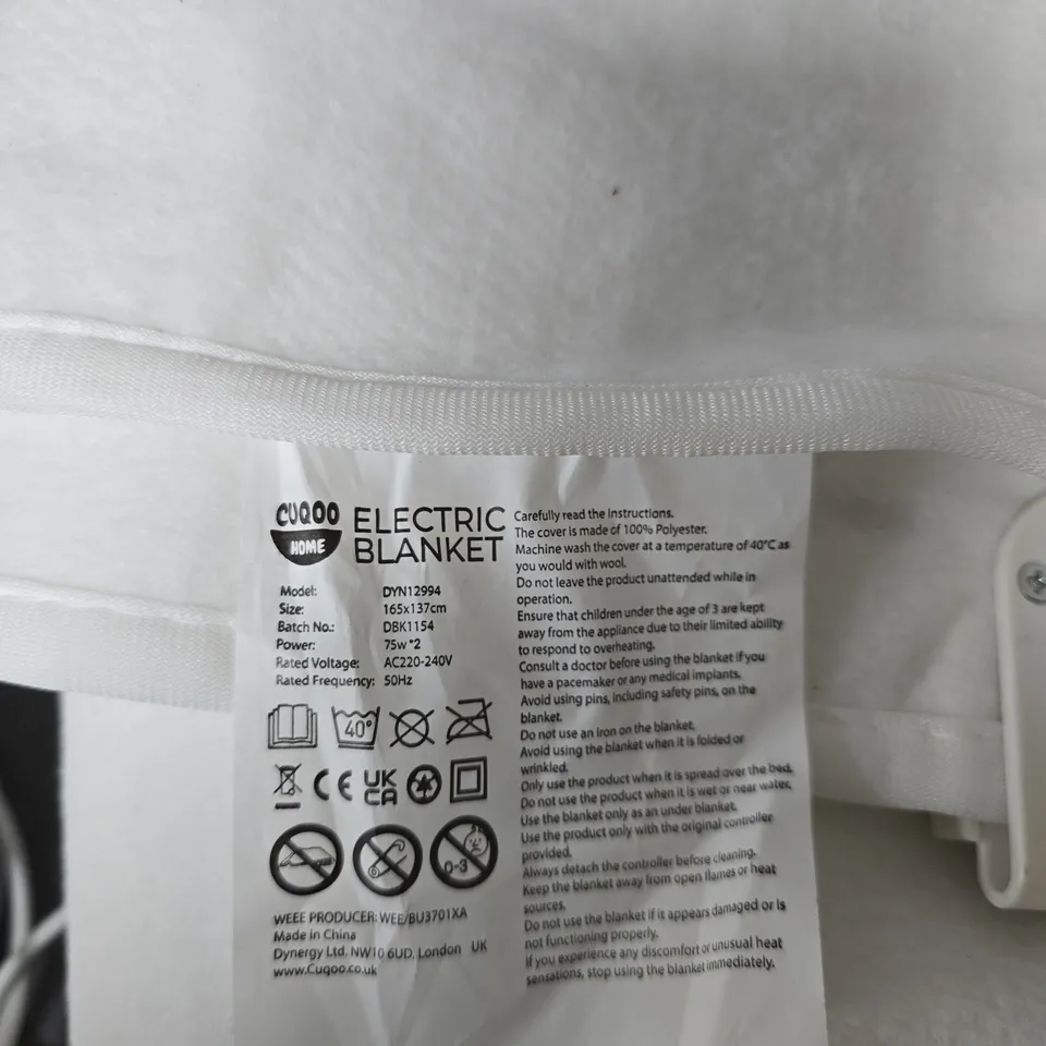 CUQOO HOME ELECTRIC BLANKET, MODEL DYN12994, 165 X 137 CM
