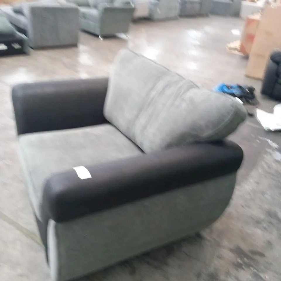 DESIGNER GREY FABRIC AND BLACK SUEDE EFFECT ARM CHAIR